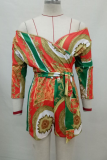 Yellow Sexy Print Patchwork With Belt Bateau Neck Skinny Rompers