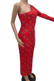 Red Fashion Sexy Lips Printed Hollowed Out Oblique Collar Long Sleeve Dresses