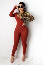 Red Fashion Sexy Leopard grain Asymmetrical Patchwork zipper Print Polyester Long Sleeve O Neck