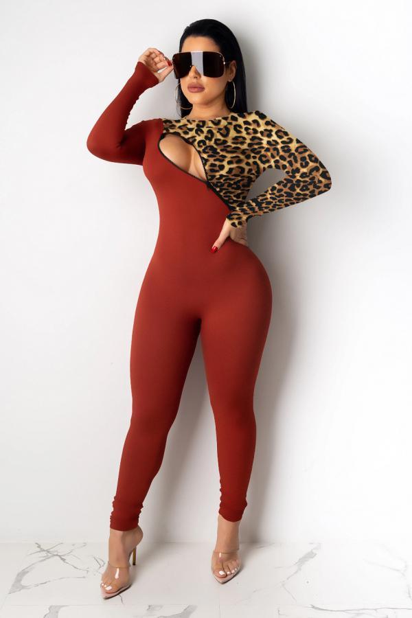 Red Fashion Sexy Leopard grain Asymmetrical Patchwork zipper Print Polyester Long Sleeve O Neck