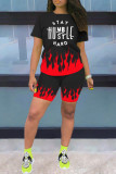 Blue Fashion Casual Letter Print Basic O Neck Short Sleeve Two Pieces