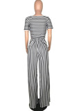 Blue Polyester Fashion adult Ma'am Street O Neck Striped Solid Two Piece Suits Stripe Plus Size
