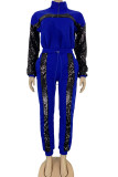 Royal blue Polyester Sexy Solid Sequin Patchwork Two Piece Suits asymmetrical pencil Long Sleeve