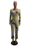 Yellow Sexy Print Without Belt V Neck Jumpsuits