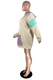 Cream White Fashion Casual Patchwork Basic Hooded Collar Long Sleeve Dresses