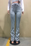 Grey Casual Solid Fold Boot Cut Mid Waist Bottoms