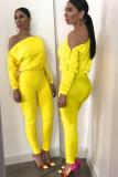 Yellow Casual zipper Solid Polyester Long Sleeve one word collar Jumpsuits