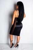 Black Fashion Sexy Spaghetti Strap Sleeveless Slip Step Skirt Knee-Length asymmetrical lace Patc
