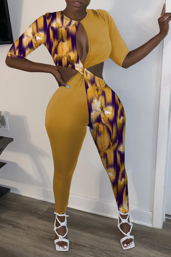 Yellow Sexy Print Hollowed Out O Neck Skinny Jumpsuits