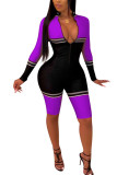 purple Fashion Casual Striped zipper Long Sleeve O Neck Jumpsuits