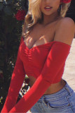 White Red Black Blue Pink Orange One word collar Long Sleeve Solid Tops