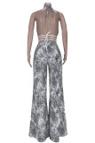 White Sexy Print Hollowed Out Backless Strap Design O Neck Regular Jumpsuits