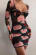Black Sexy College Print Floral Square Collar Pencil Skirt Dresses