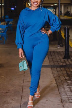 Blue Sexy Solid O Neck Long Sleeve Two Pieces