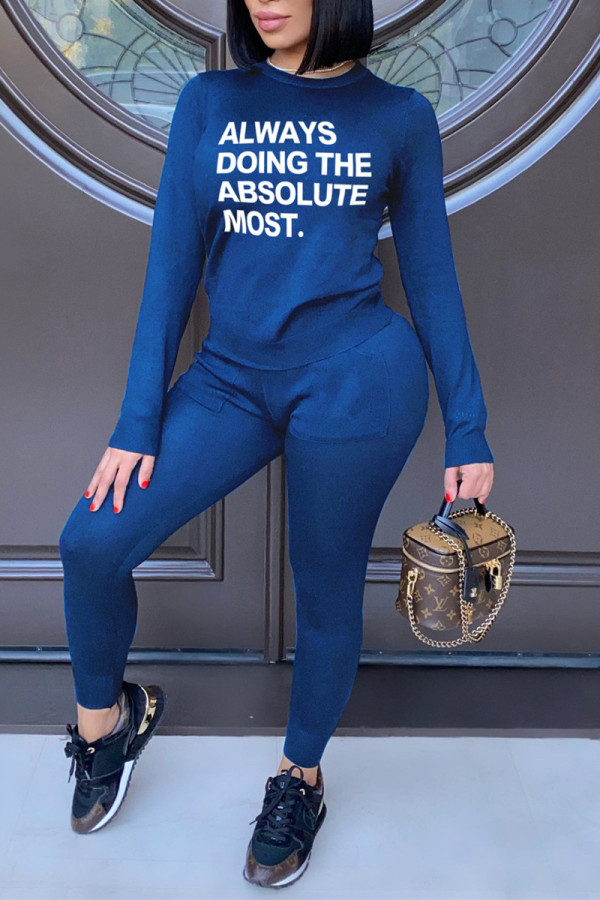 Blue Fashion Casual Letter Print Basic O Neck Long Sleeve Two Pieces