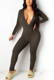 Khaki Fashion Sexy Adult Polyester Solid Buttons V Neck Skinny Jumpsuits