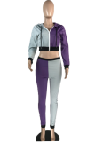 Grey Casual Patchwork Draw String Hooded Collar Long Sleeve Two Pieces