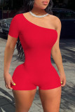 Red Sexy Casual Solid Backless Oblique Collar Skinny Romper