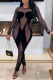 Black Sexy Patchwork Mesh O Neck Skinny Jumpsuits