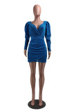 Blue Sexy Casual Solid Patchwork V Neck Pencil Skirt Dresses