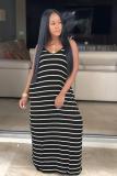 Black Fashion Sexy Spaghetti Strap Sleeveless Slip Straight Floor-Length Striped Casual Dresses