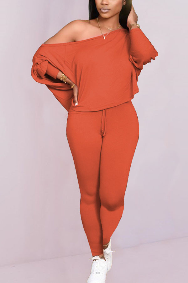 Orange Casual Solid pencil Long Sleeve Two Pieces