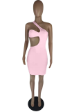 Pink Sexy Solid Ripped One Shoulder Pencil Skirt Dresses