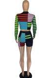 Green Casual Striped Patchwork O Neck Long Sleeve Two Pieces