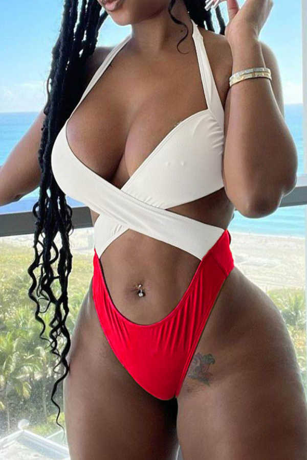 Red Sexy Solid Color Block Patchwork Swimwears