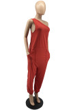 Red Casual Solid Backless One Shoulder Sleeveless Regular Jumpsuits