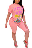 Pink venetian Fashion adult Ma'am Street Patchwork Print Character Two Piece Suits Straight Short Sleeve Two Pieces