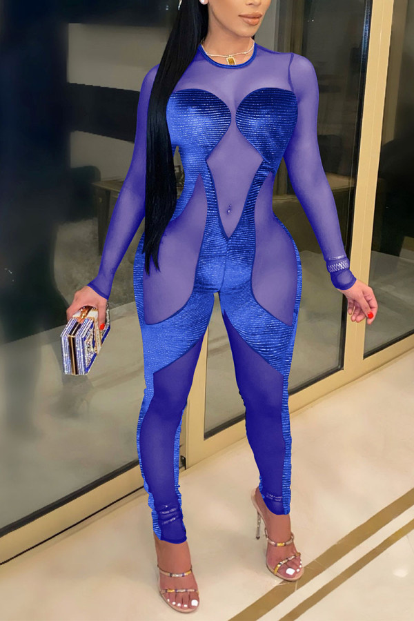 Color Blue Sexy Solid Patchwork O Neck Skinny Jumpsuits