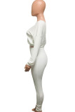 White Polyester Active Europe and America Street Solid Skinny Long Sleeve Two Pieces