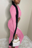 Pink Fashion Casual Adult Polyester Solid Split Joint O Neck Skinny Jumpsuits