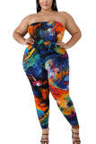 Multi-color Polyester Fashion Sexy adult O Neck Patchwork Print Two Piece Suits Stitching Plus Size