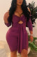 Purple Fashion Sexy Solid Hollowed Out Fold V Neck Long Sleeve Dress