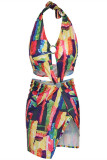Colour Fashion Sexy Print Backless Halter Printed Dress