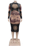 Black Casual Print Mesh O Neck Pencil Skirt Plus Size 