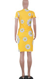 Blue Polyester Fashion Casual adult Ma'am Red Black Grey Blue Yellow Cap Sleeve Short Sleeves O neck Swagger Knee-Length Print Floral Dresses