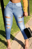 Blue Casual Patchwork Ripped Plus Size Jeans