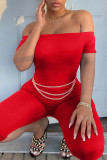 Pink Sexy Casual Solid Backless Off the Shoulder Skinny Romper (Without Waist Chain)