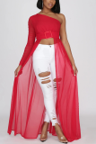 Red Sexy Patchwork Mesh One Shoulder Tops