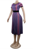 Purple Fashion Casual Striped Print Basic O Neck Short Sleeve Dress