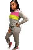 Grey Polyester Elastic Fly Long Sleeve Mid Zippered Patchwork pencil Pants Two-piece suit