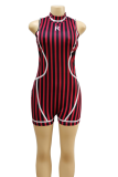 Red Sexy Striped Patchwork Turtleneck Skinny Rompers