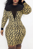 Leopard Print Sexy Print See-through Half A Turtleneck Pencil Skirt Dresses