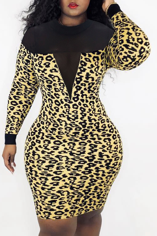 Leopard Print Sexy Print See-through Half A Turtleneck Pencil Skirt Dresses