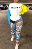 White Casual Print Letter O Neck Tops