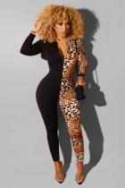 Leopard print Fashion Sexy Patchwork Leopard grain Polyester Long Sleeve Short Sleeve O Neck Jumpsuits