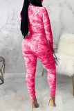 Rose Red Sexy Print Tie-dye O Neck Regular Jumpsuits